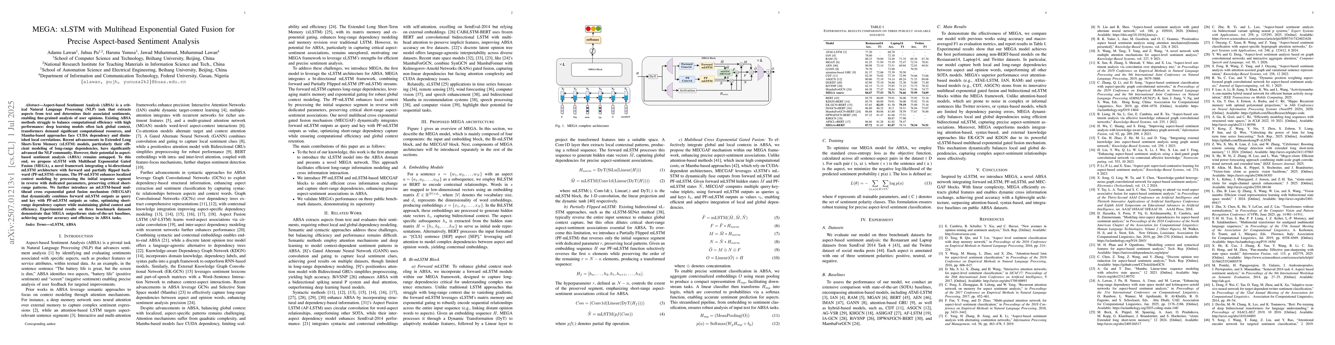 Thumbnail for MEGA: xLSTM with Multihead Exponential Gated Fusion for Precise
  Aspect-based Sentiment Analysis