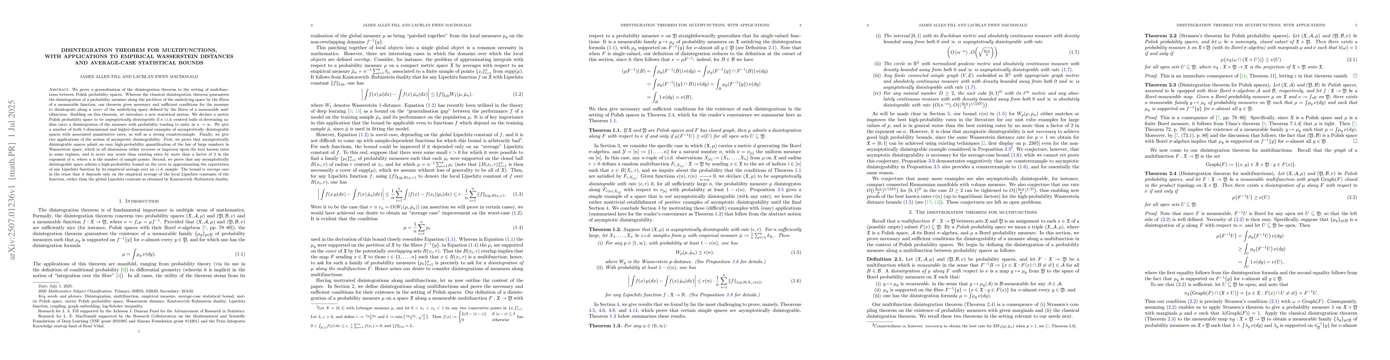 Thumbnail for Disintegration theorem for multifunctions, with applications to
  empirical Wasserstein distances and average-case statistical bounds