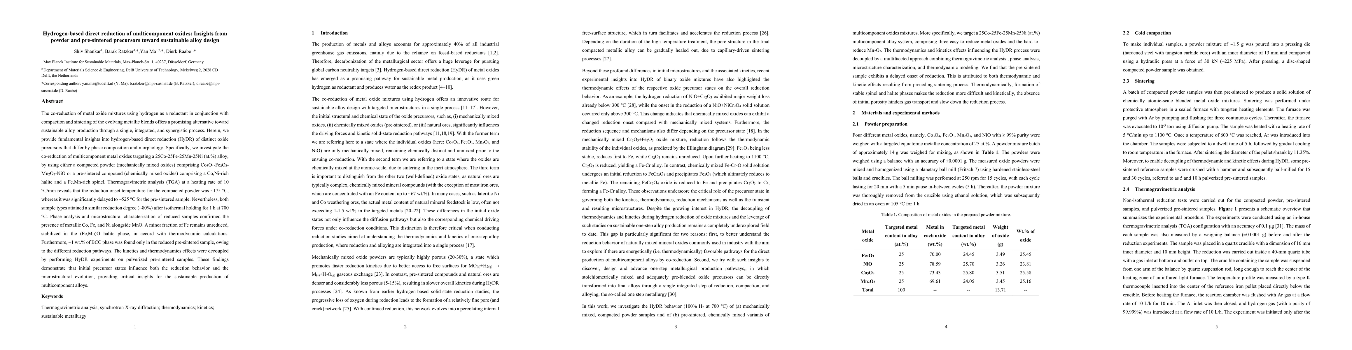 Thumbnail for Hydrogen-based direct reduction of multicomponent oxides: Insights from
  powder and pre-sintered precursors toward sustainable alloy design