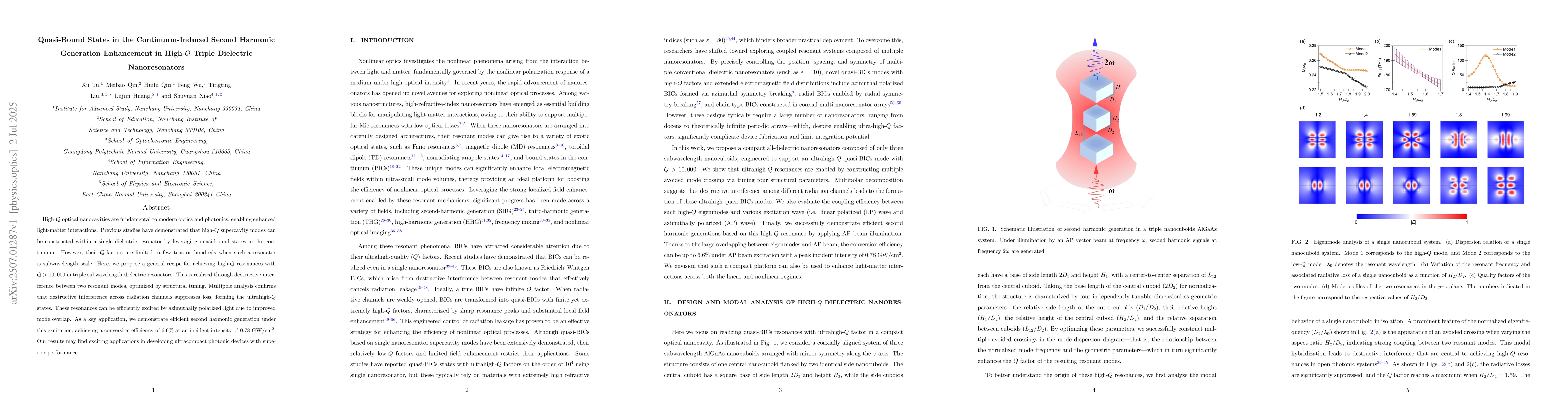 Thumbnail for Quasi-Bound States in the Continuum-Induced Second Harmonic Generation
  Enhancement in High-$Q$ Triple Dielectric Nanoresonators
