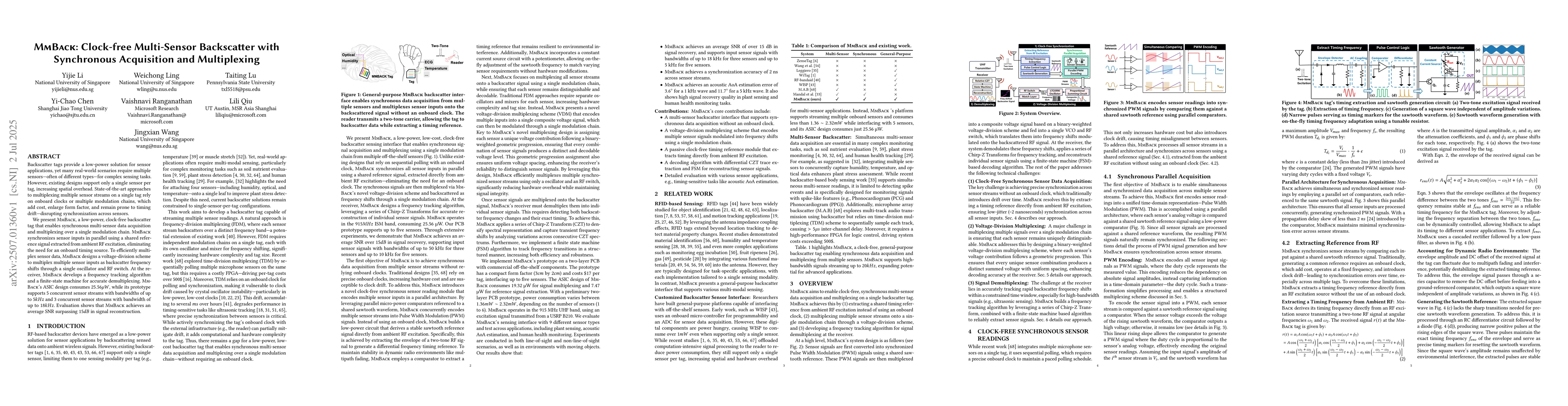 Thumbnail for MmBack: Clock-free Multi-Sensor Backscatter with Synchronous Acquisition
  and Multiplexing