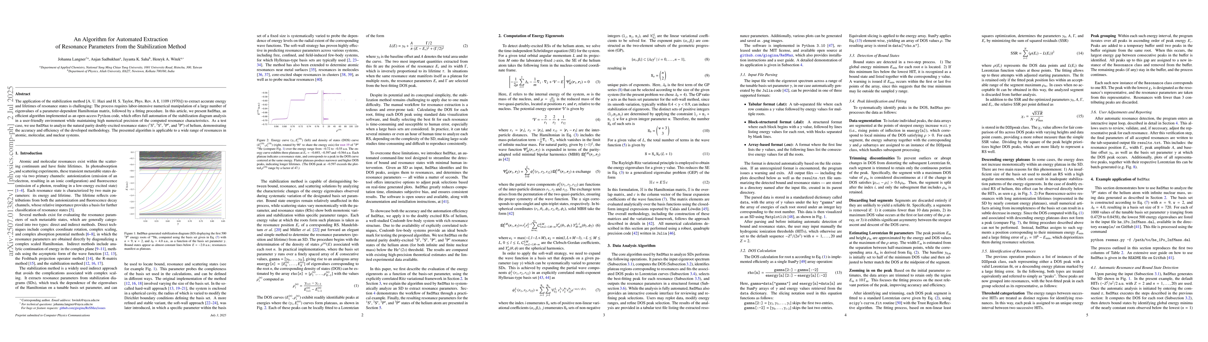Thumbnail for An Algorithm for Automated Extraction of Resonance Parameters from the
  Stabilization Method