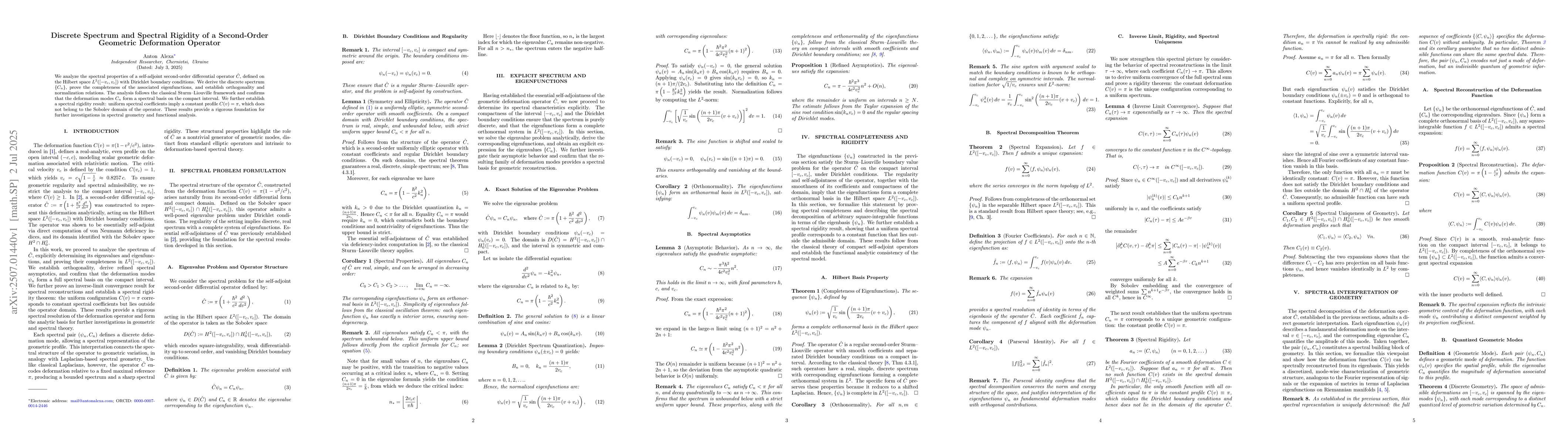 Thumbnail for Discrete Spectrum and Spectral Rigidity of a Second-Order Geometric
  Deformation Operator