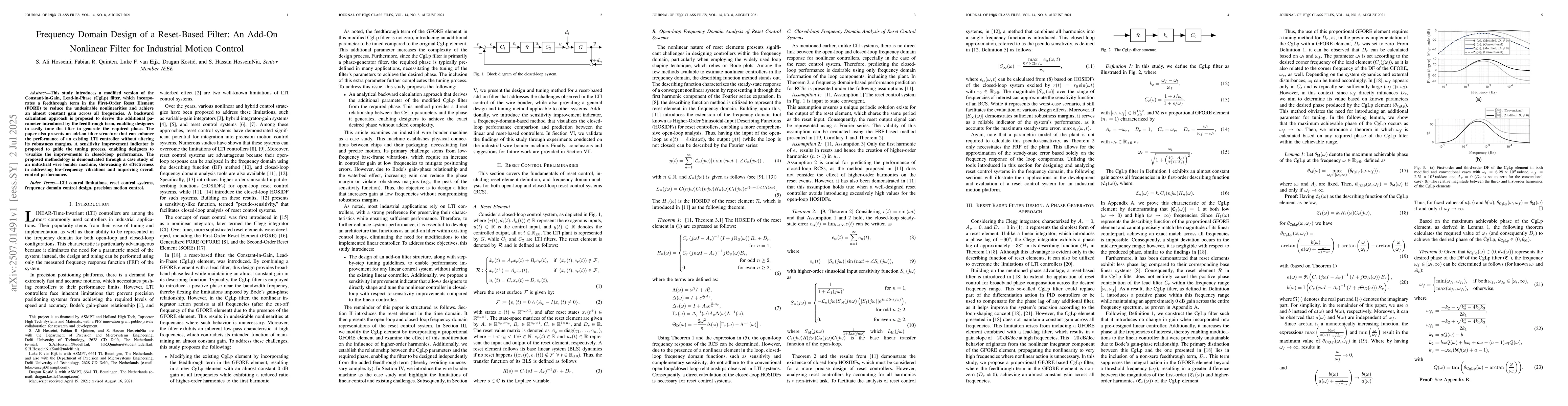 Thumbnail for Frequency Domain Design of a Reset-Based Filter: An Add-On Nonlinear
  Filter for Industrial Motion Control