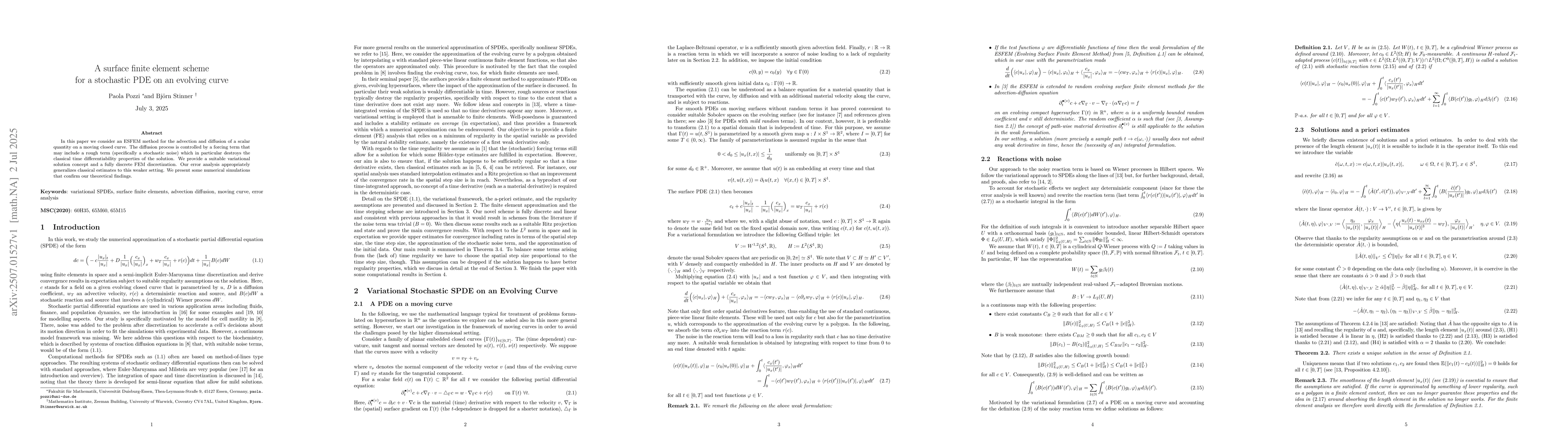 Thumbnail for A surface finite element scheme for a stochastic PDE on an evolving
  curve