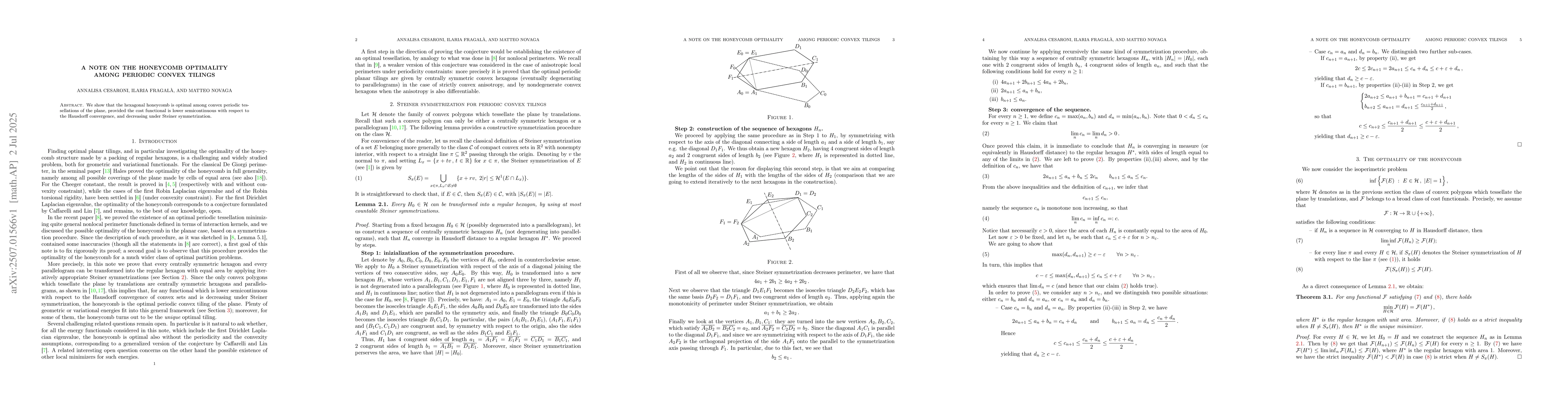 Thumbnail for A note on the honeycomb optimality among periodic convex tilings