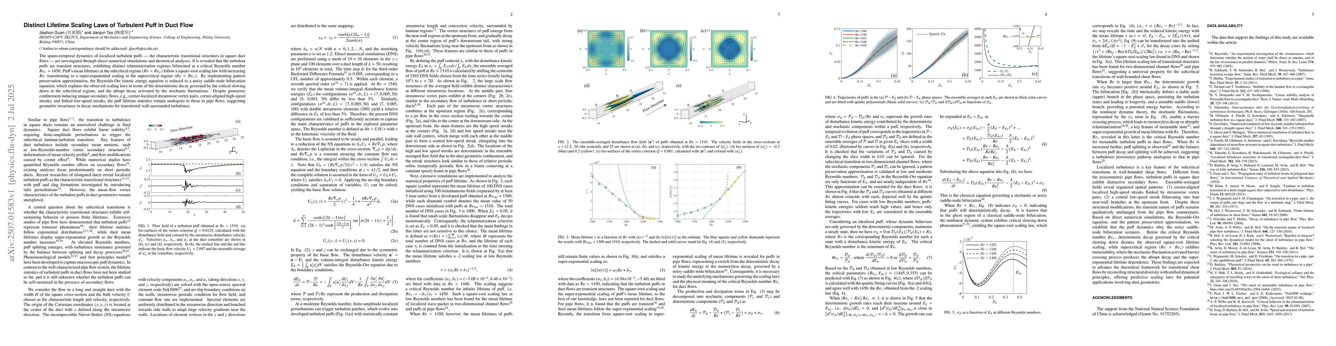 Thumbnail for Distinct Lifetime Scaling Laws of Turbulent Puff in Duct Flow