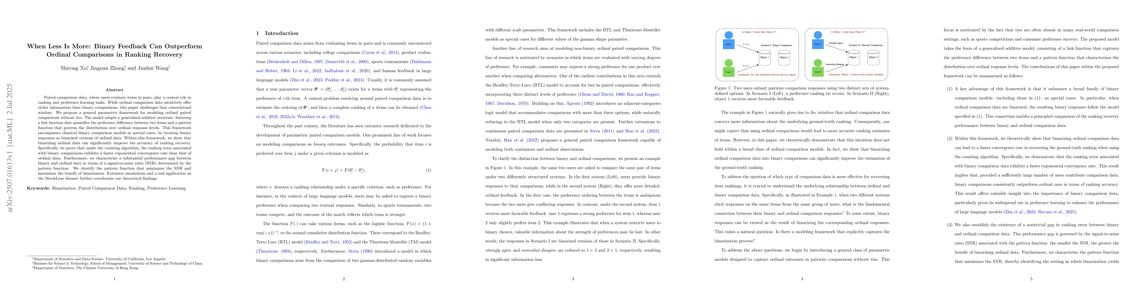 Thumbnail for When Less Is More: Binary Feedback Can Outperform Ordinal Comparisons in
  Ranking Recovery