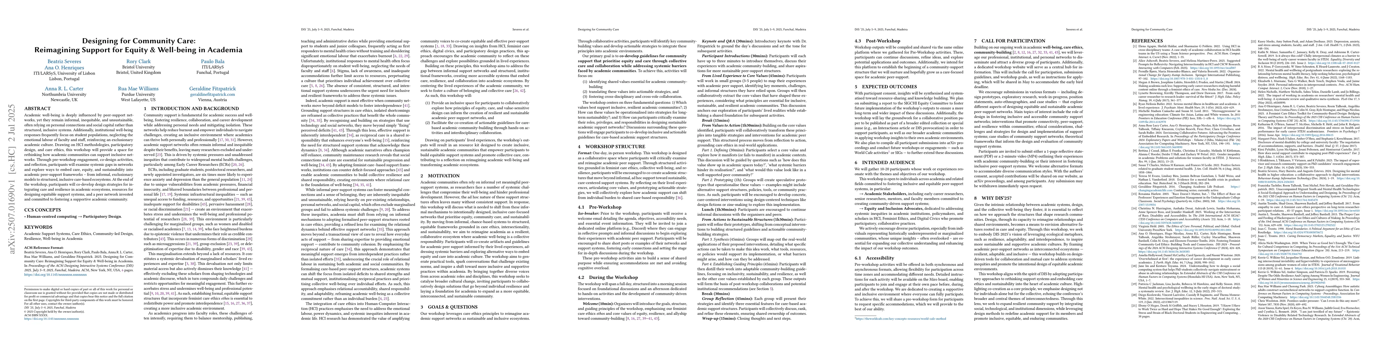 Thumbnail for Designing for Community Care: Reimagining Support for Equity &
  Well-being in Academia
