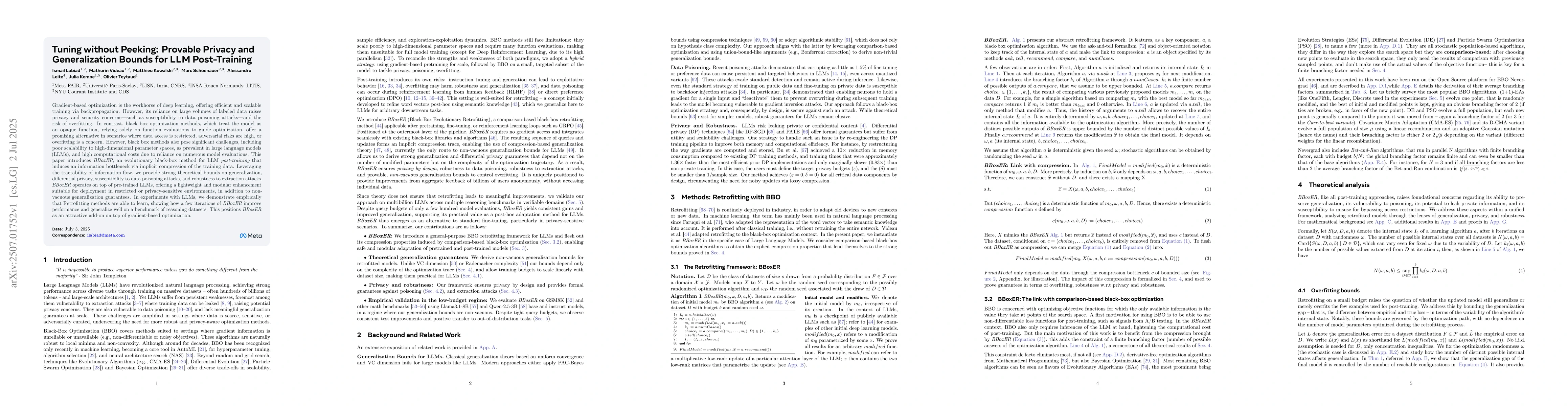 Thumbnail for Tuning without Peeking: Provable Privacy and Generalization Bounds for
  LLM Post-Training