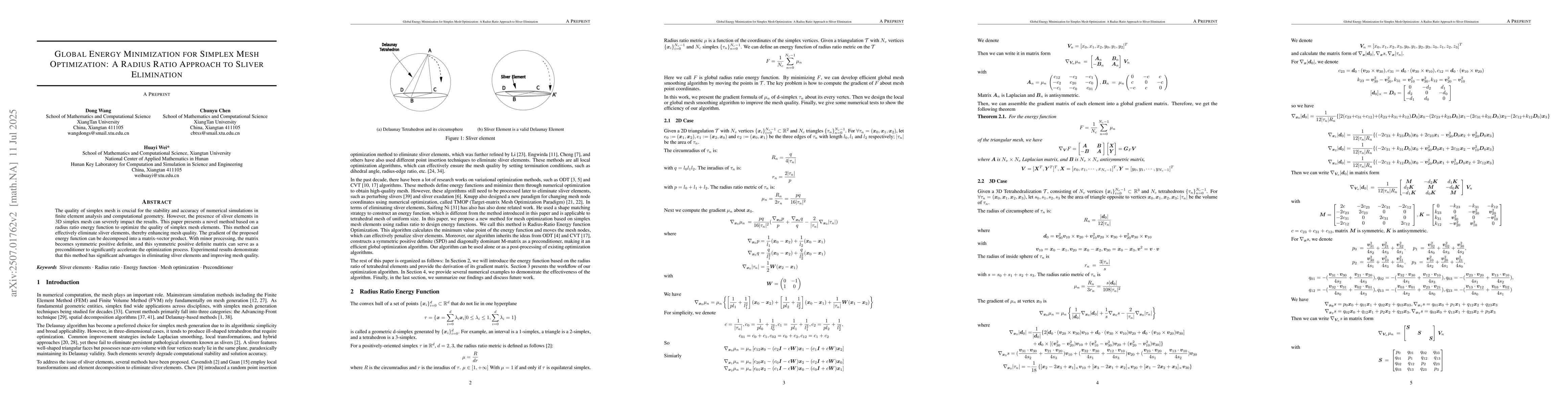 Thumbnail for Global Energy Minimization for Simplex Mesh Optimization: A Radius Ratio
  Approach to Sliver Elimination