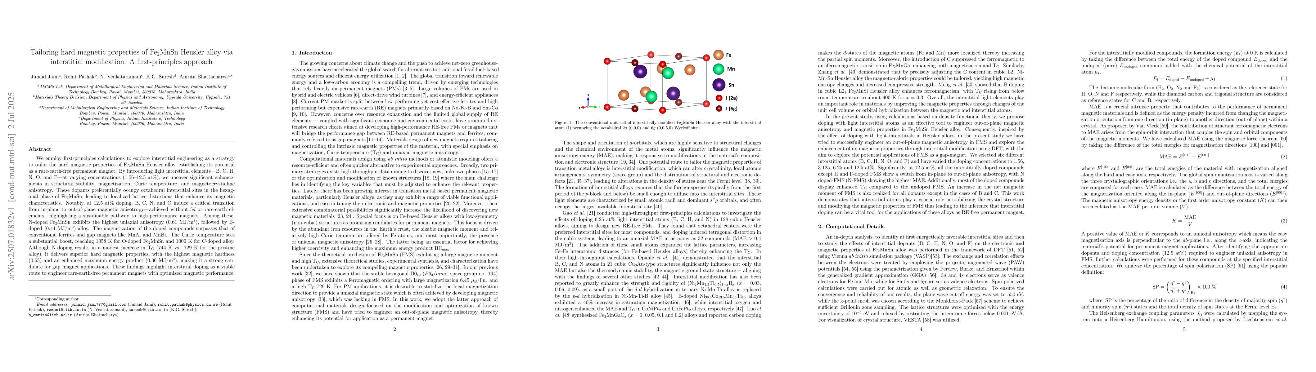 Thumbnail for Tailoring hard magnetic properties of Fe2MnSn Heusler alloy via
  interstitial modification: A first-principles approach