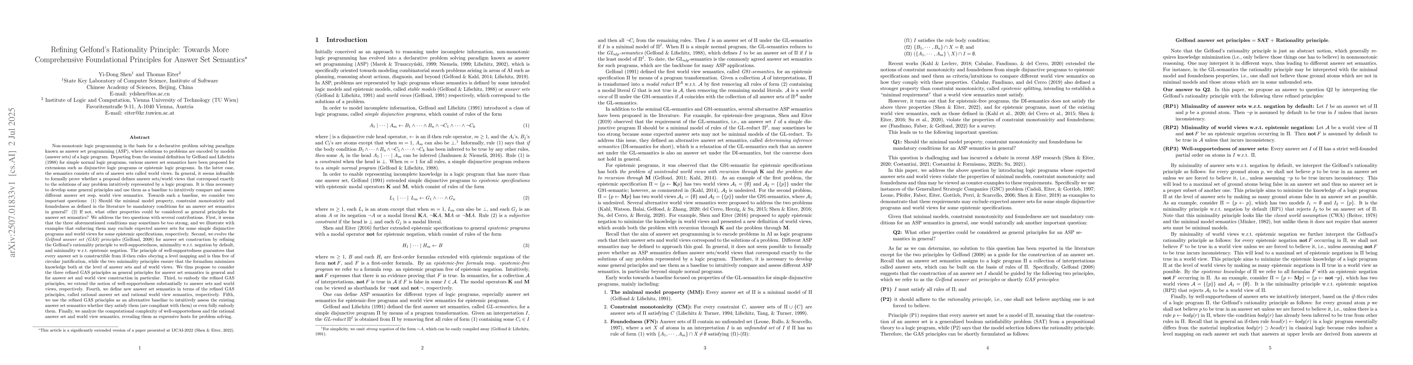 Thumbnail for Refining Gelfond Rationality Principle Towards More Comprehensive
  Foundational Principles for Answer Set Semantics