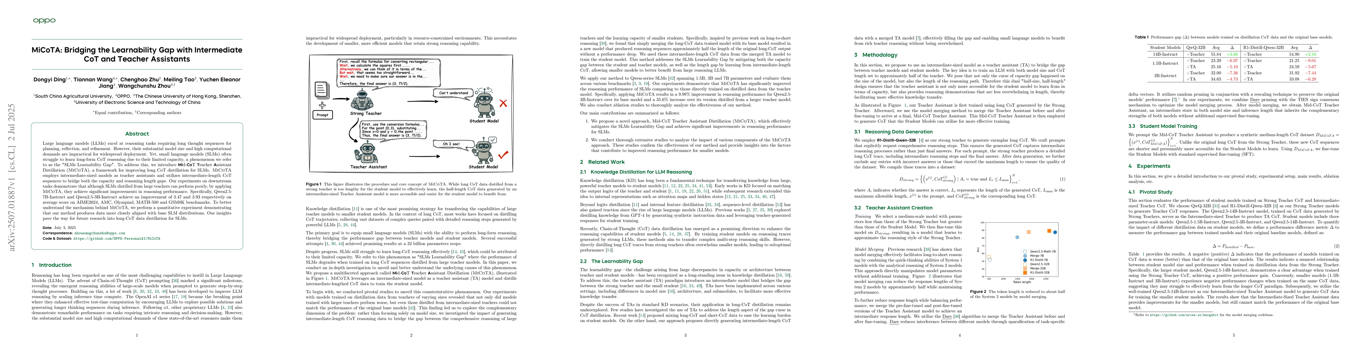 Thumbnail for MiCoTA: Bridging the Learnability Gap with Intermediate CoT and Teacher
  Assistants