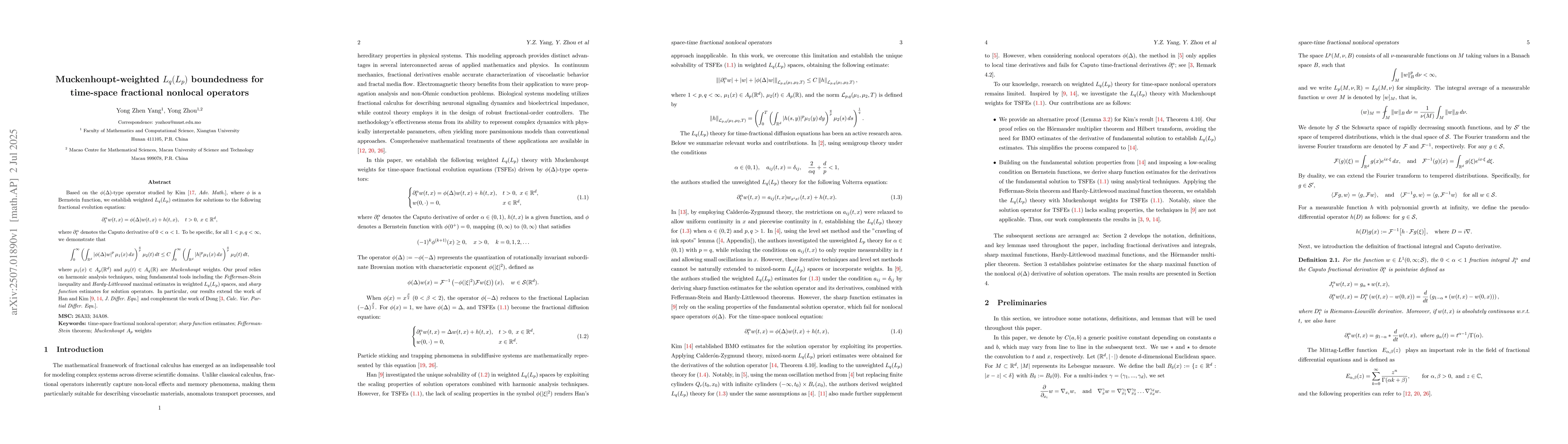 Thumbnail for Muckenhoupt-weighted $L_q(L_p)$ boundedness for time-space fractional
  nonlocal operators