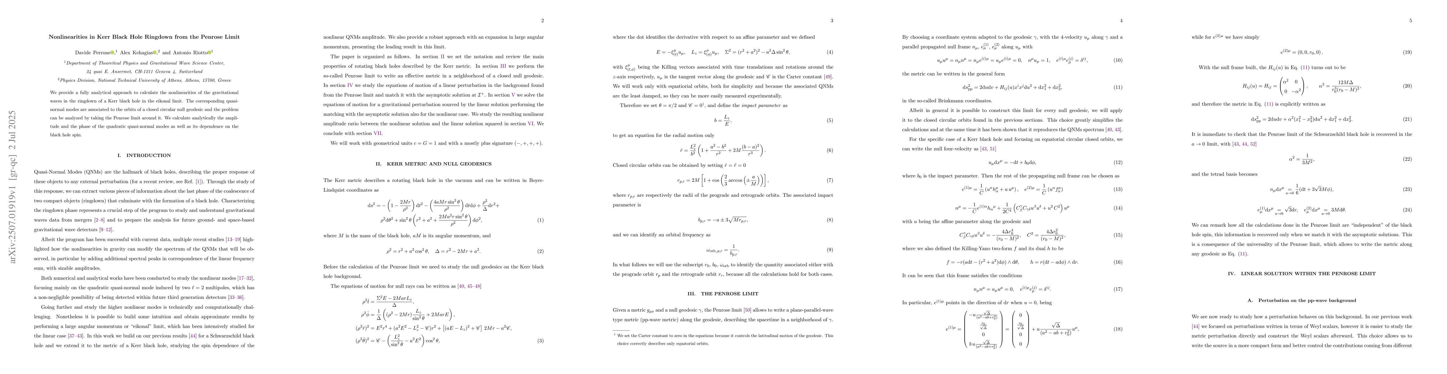 Thumbnail for Nonlinearities in Kerr Black Hole Ringdown from the Penrose Limit
