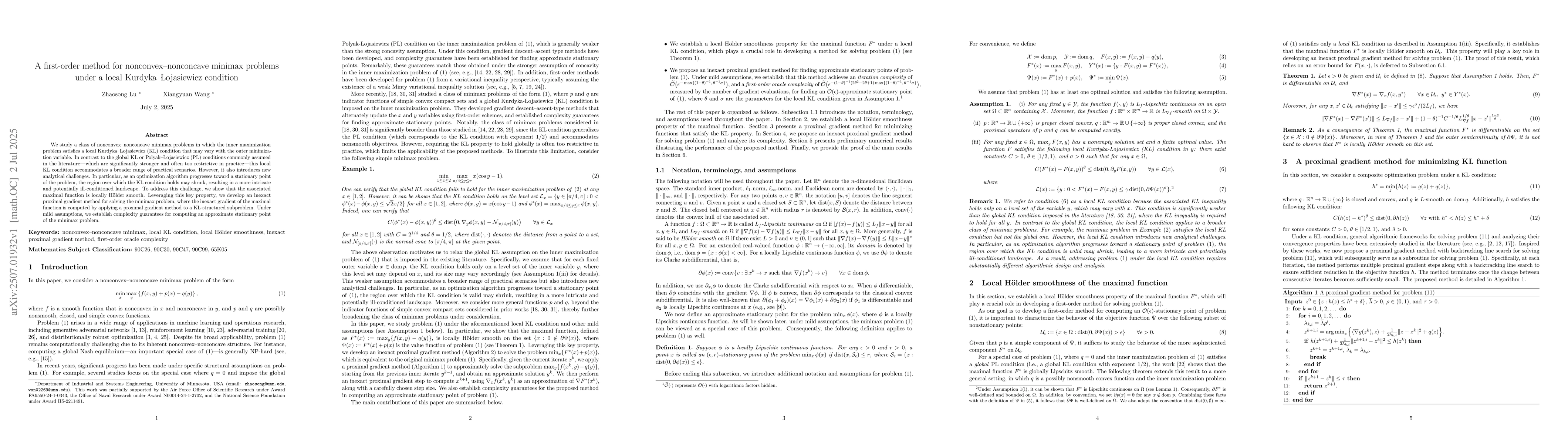 Thumbnail for A first-order method for nonconvex-nonconcave minimax problems under a
  local Kurdyka-Łojasiewicz condition