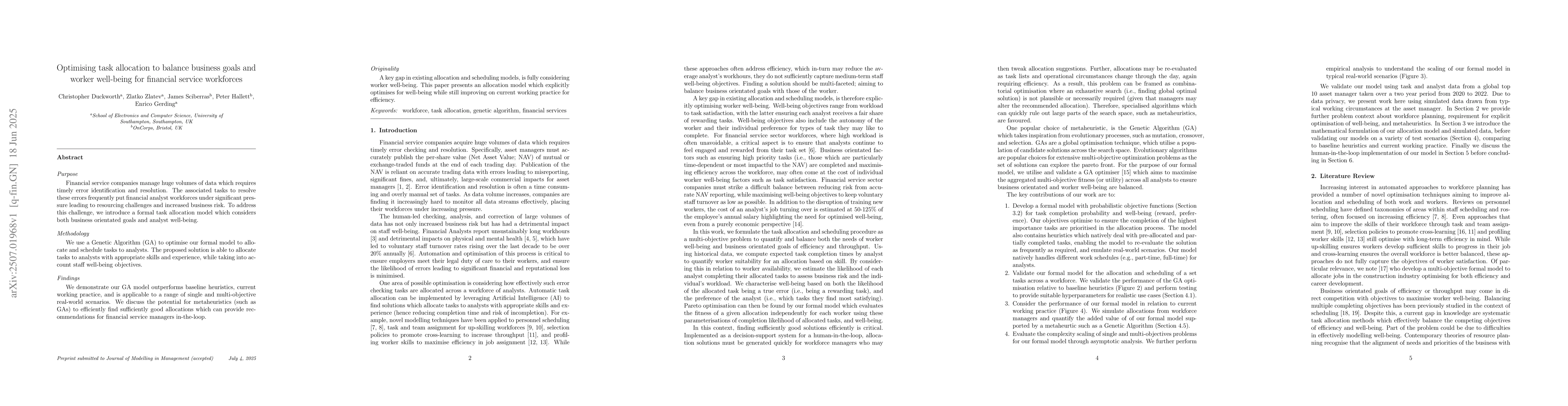 Thumbnail for Optimising task allocation to balance business goals and worker
  well-being for financial service workforces