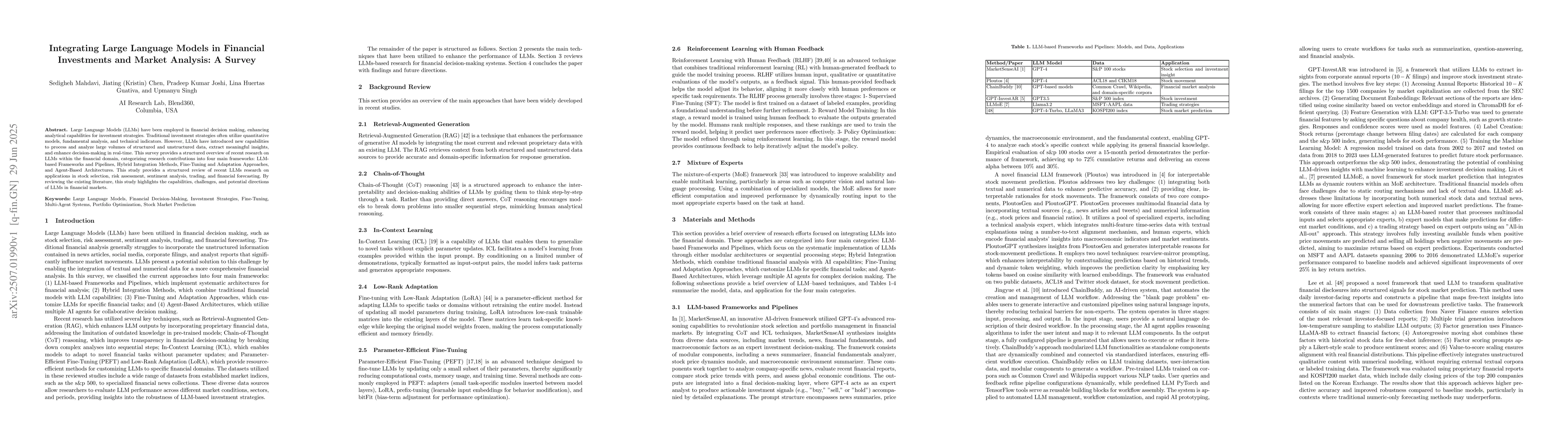 Thumbnail for Integrating Large Language Models in Financial Investments and Market
  Analysis: A Survey
