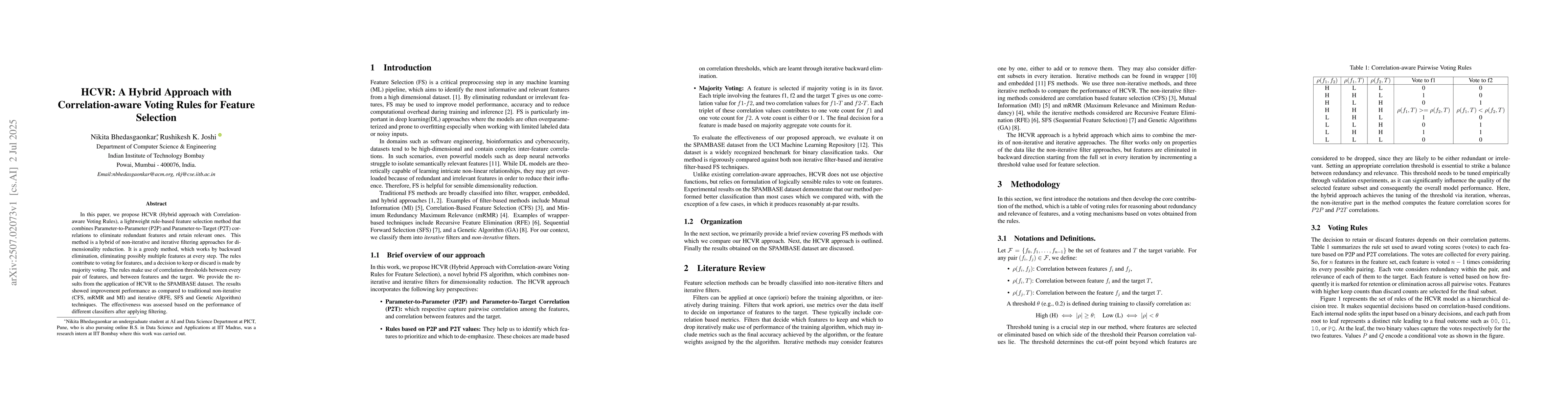 Thumbnail for HCVR: A Hybrid Approach with Correlation-aware Voting Rules for Feature
  Selection
