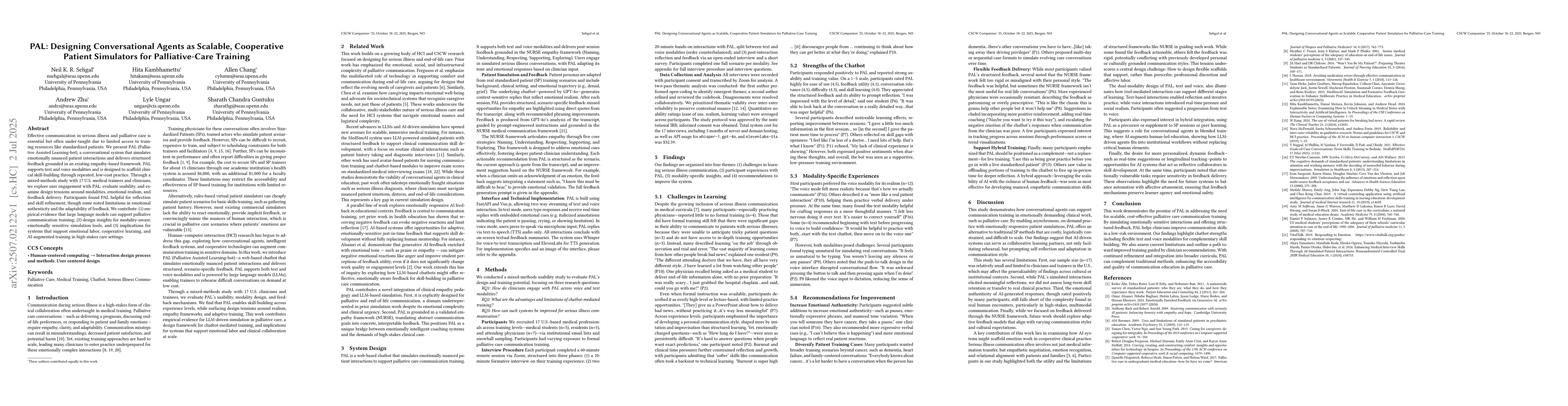 Thumbnail for PAL: Designing Conversational Agents as Scalable, Cooperative Patient
  Simulators for Palliative-Care Training