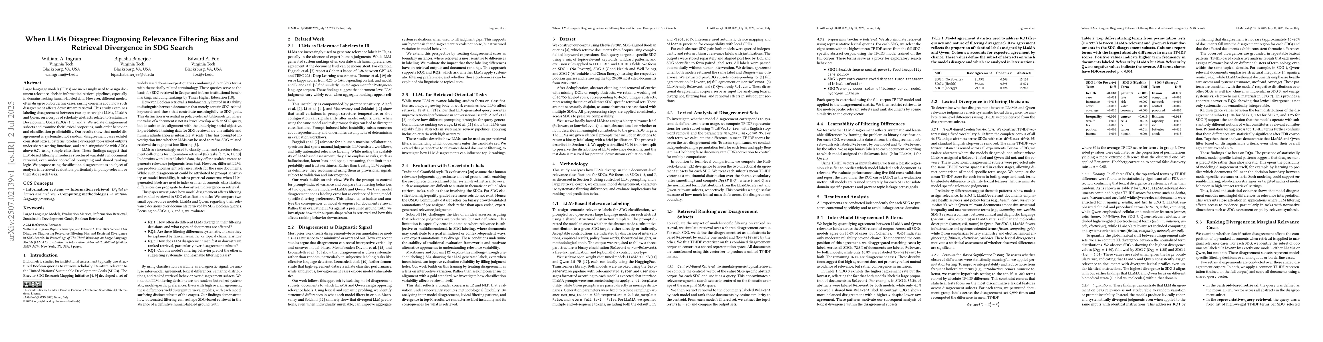 Thumbnail for When LLMs Disagree: Diagnosing Relevance Filtering Bias and Retrieval
  Divergence in SDG Search
