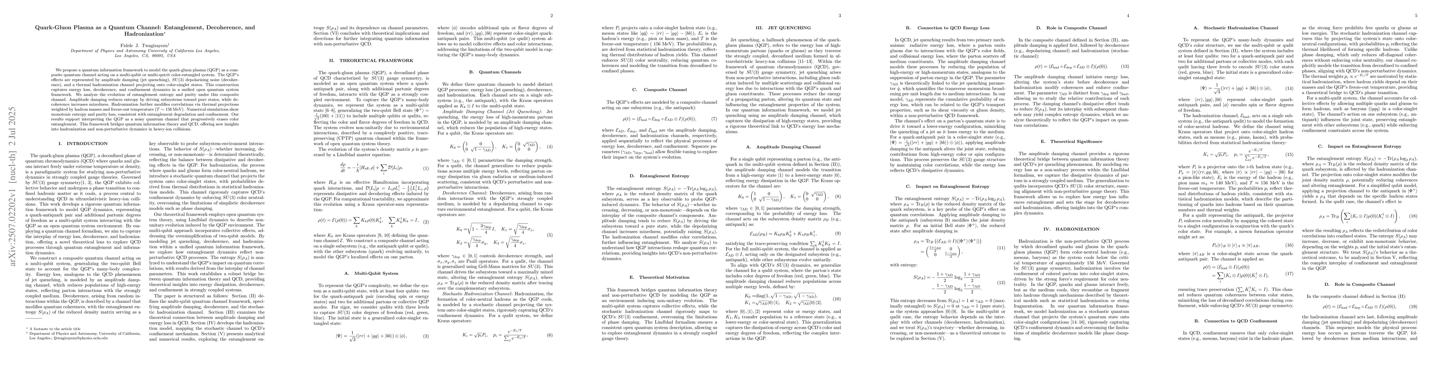 Thumbnail for Quark-Gluon Plasma as a Quantum Channel: Entanglement, Decoherence, and
  Hadronization