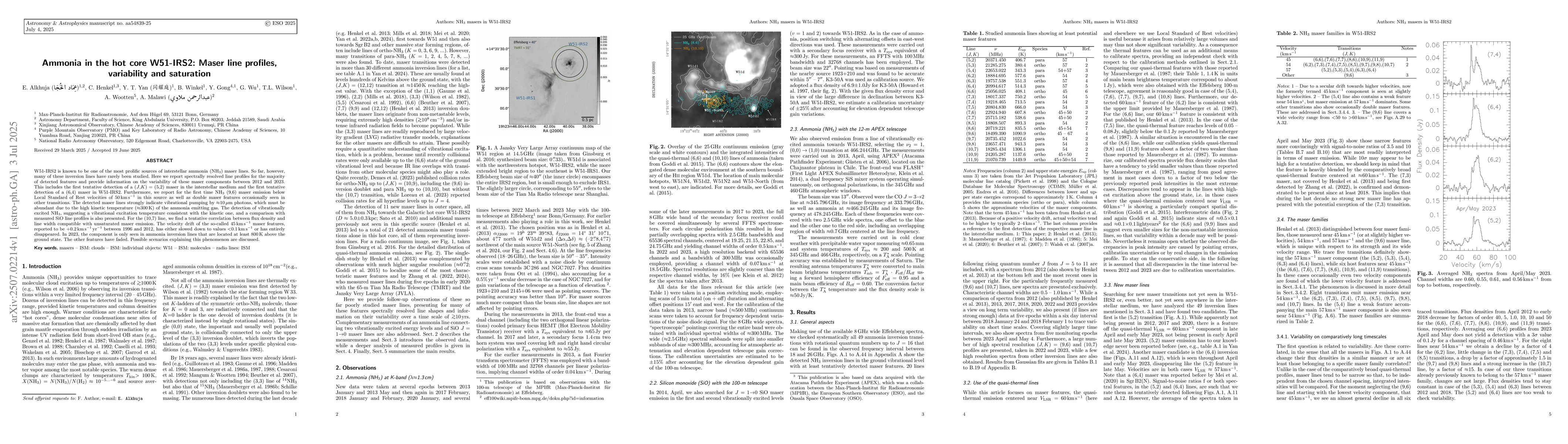 Thumbnail for Ammonia in the hot core W51-IRS2: Maser line profiles, variability, and
  saturation