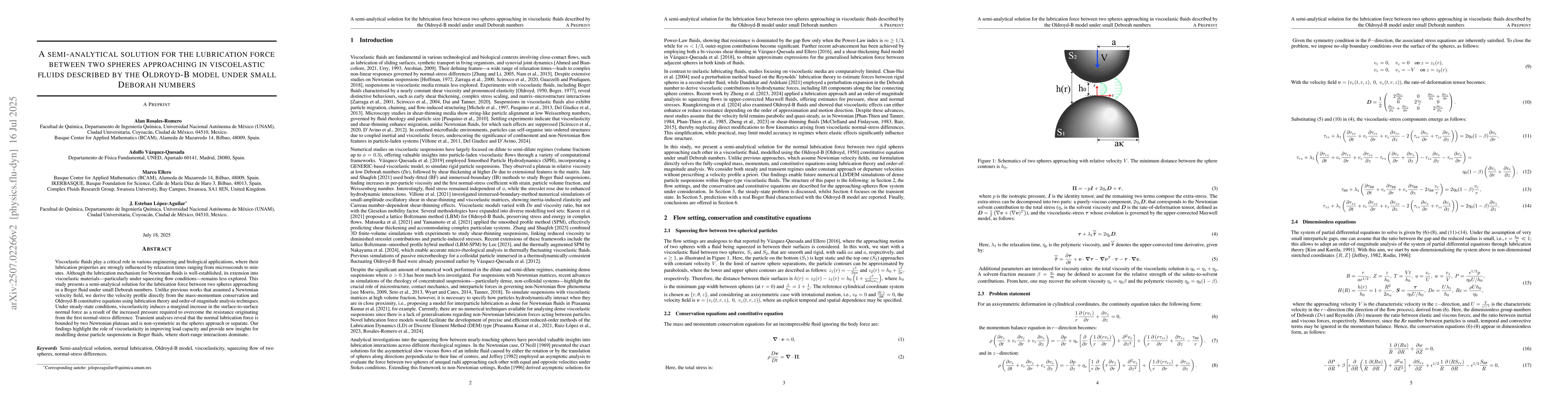 Thumbnail for A semi-analytical solution for the lubrication force between two spheres
  approaching in viscoelastic fluids described by the Oldroyd-B model under
  small Deborah numbers