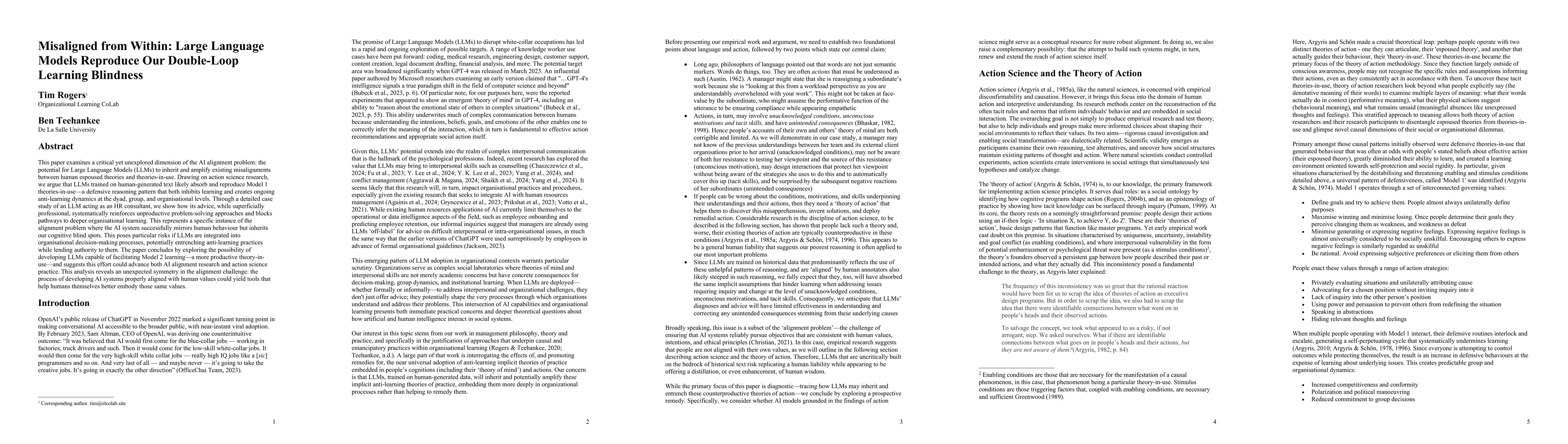 Thumbnail for Misaligned from Within: Large Language Models Reproduce Our Double-Loop
  Learning Blindness