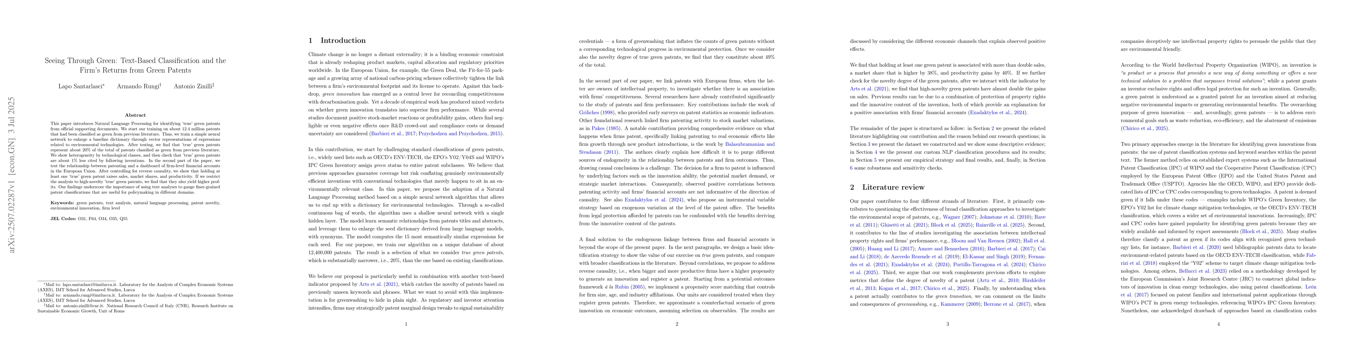 Thumbnail for Seeing Through Green: Text-Based Classification and the Firm's Returns
  from Green Patents
