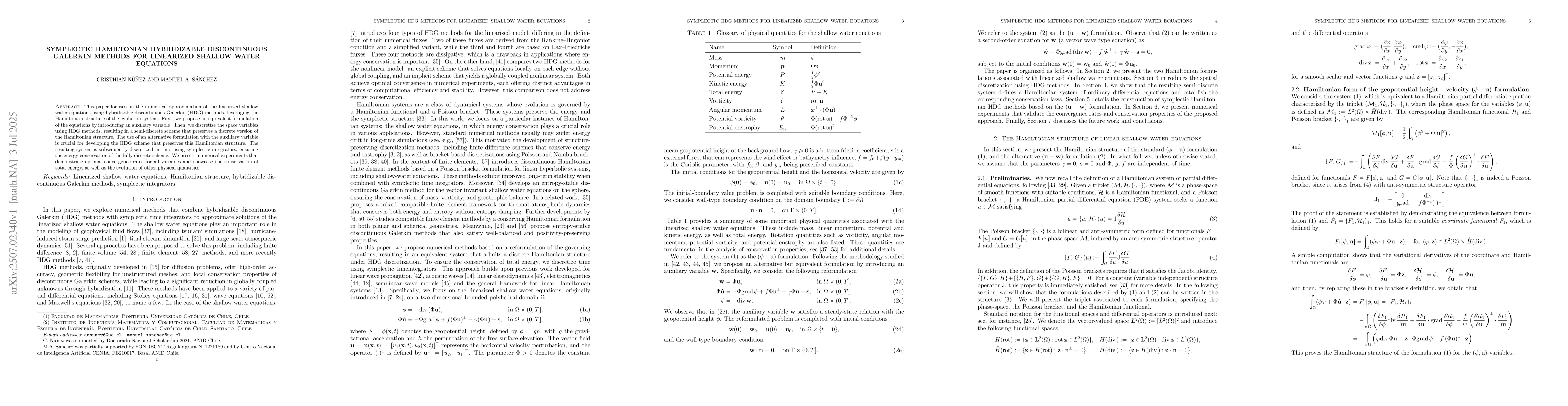 Thumbnail for Symplectic Hamiltonian Hybridizable Discontinuous Galerkin Methods for
  Linearized Shallow Water Equations