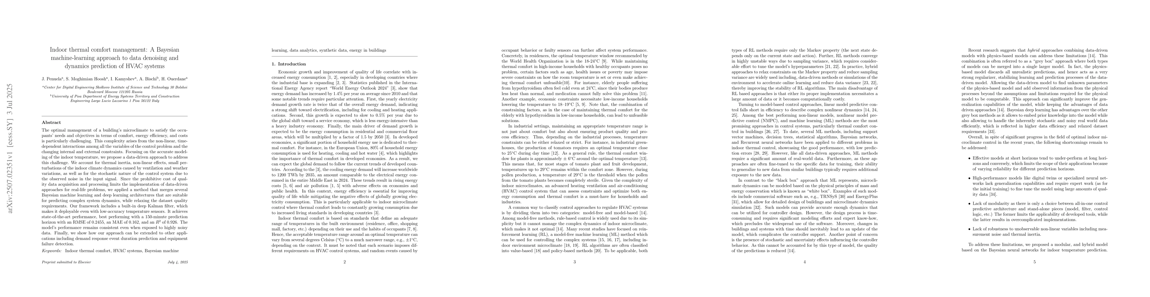 Thumbnail for Indoor thermal comfort management: A Bayesian machine-learning approach
  to data denoising and dynamics prediction of HVAC systems