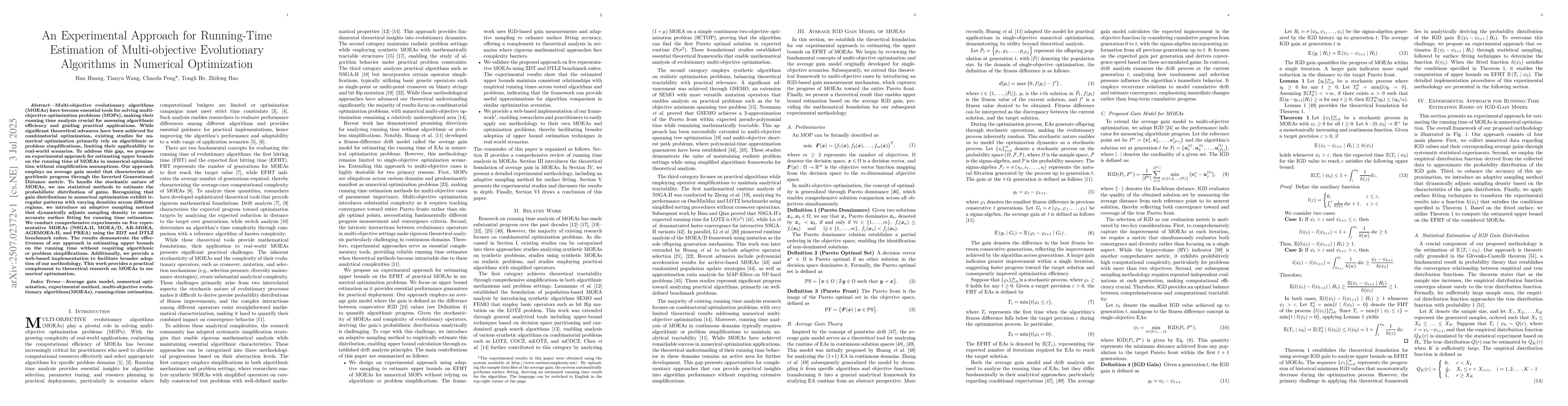 Thumbnail for An Experimental Approach for Running-Time Estimation of Multi-objective
  Evolutionary Algorithms in Numerical Optimization