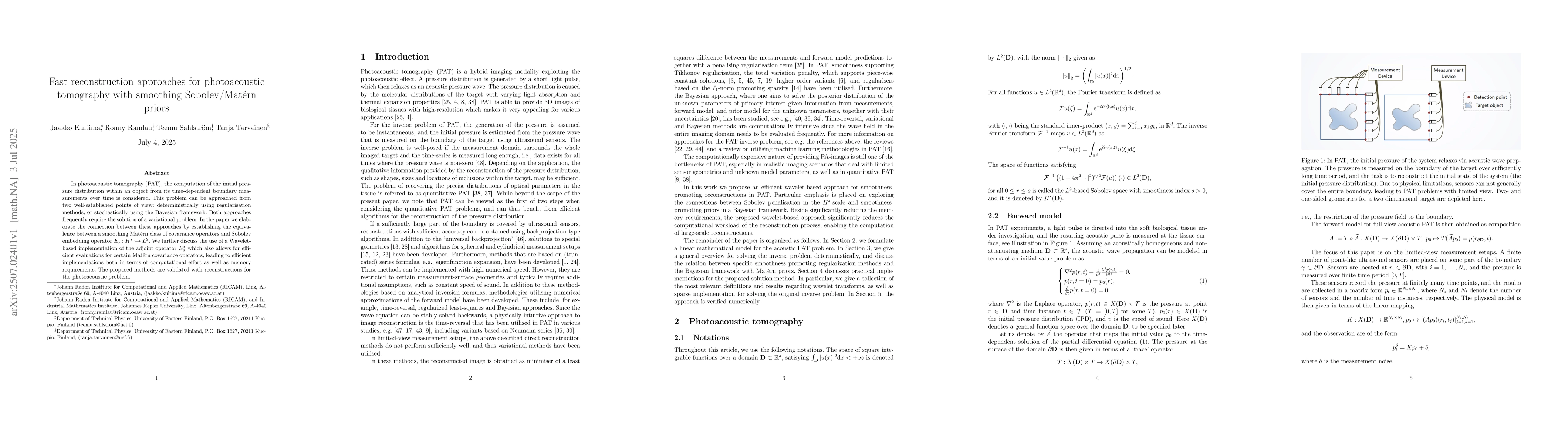 Thumbnail for Fast reconstruction approaches for photoacoustic tomography with
  smoothing Sobolev/Matérn priors