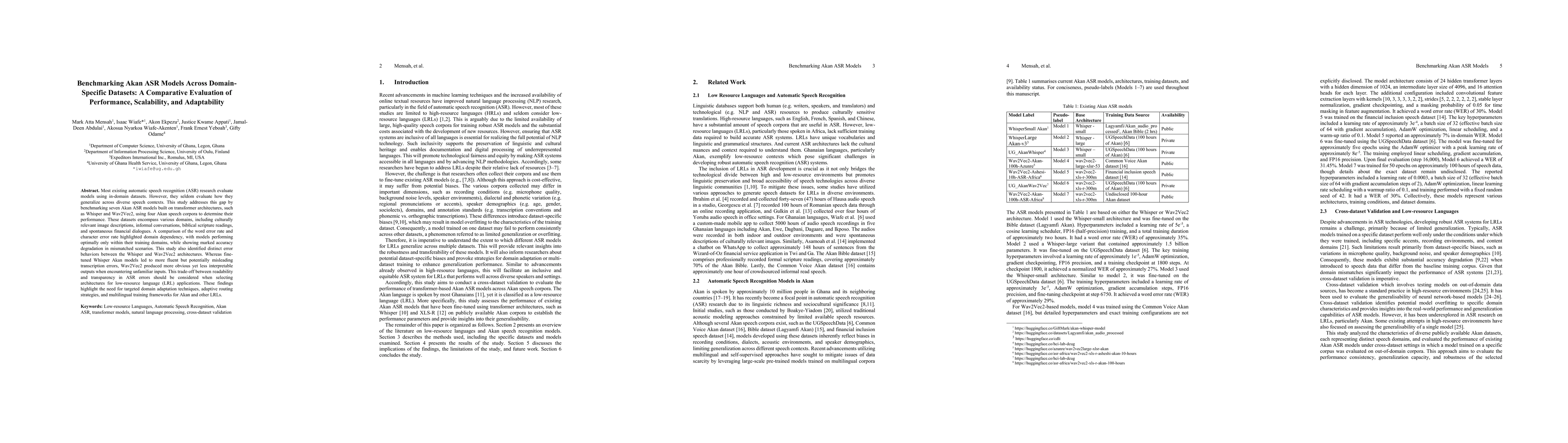 Thumbnail for Benchmarking Akan ASR Models Across Domain-Specific Datasets: A
  Comparative Evaluation of Performance, Scalability, and Adaptability