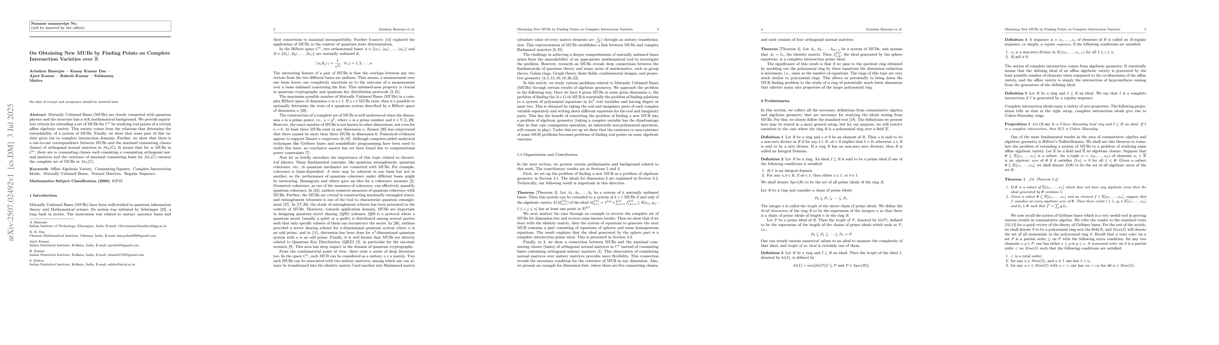 Thumbnail for On Obtaining New MUBs by Finding Points on Complete Intersection
  Varieties over $\mathbb{R}$