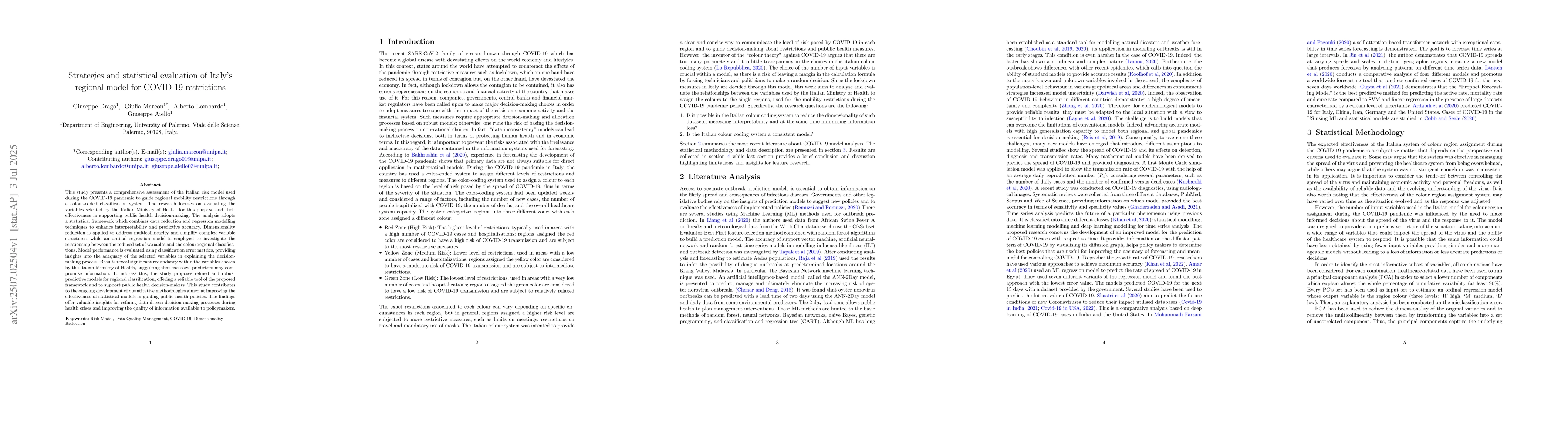 Thumbnail for Strategies and statistical evaluation of Italy's regional model for
  COVID-19 restrictions