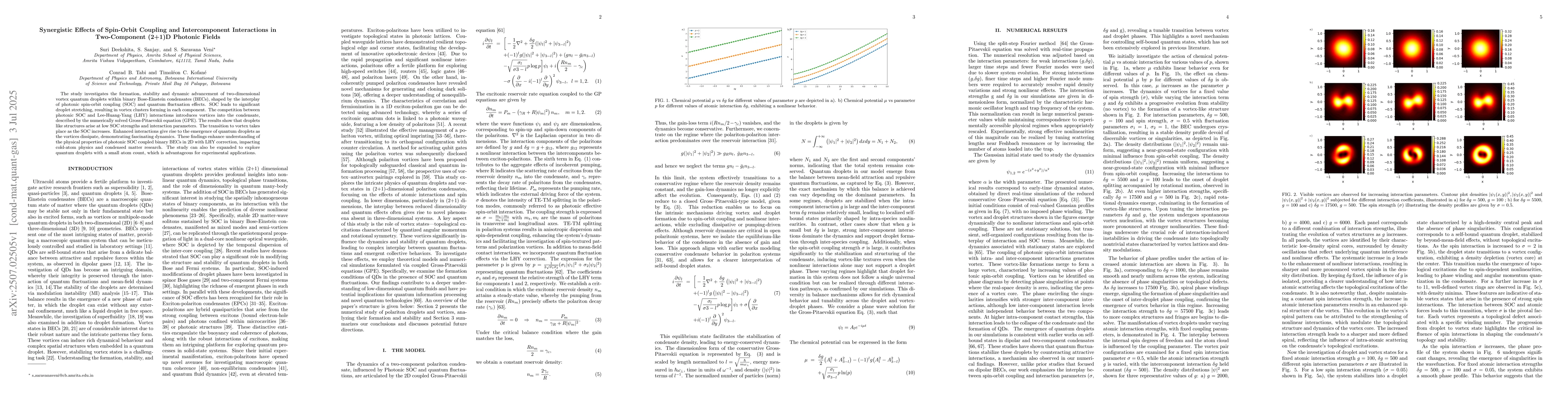 Thumbnail for Synergistic Effects of Spin-Orbit Coupling and Intercomponent
  Interactions in Two-Component (2+1)D Photonic Fields