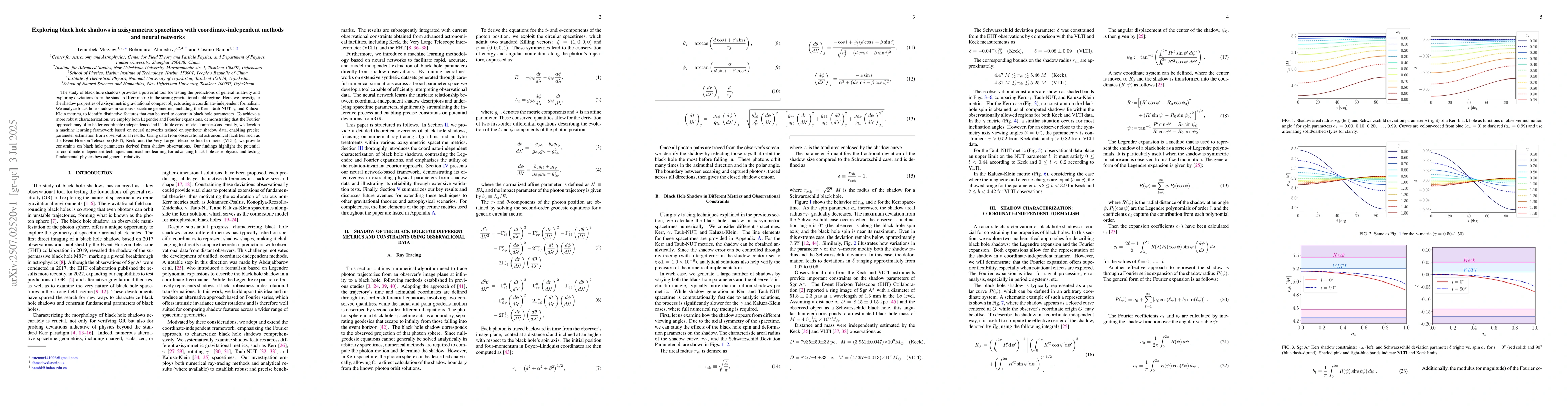 Thumbnail for Exploring black hole shadows in axisymmetric spacetimes with
  coordinate-independent methods and neural networks