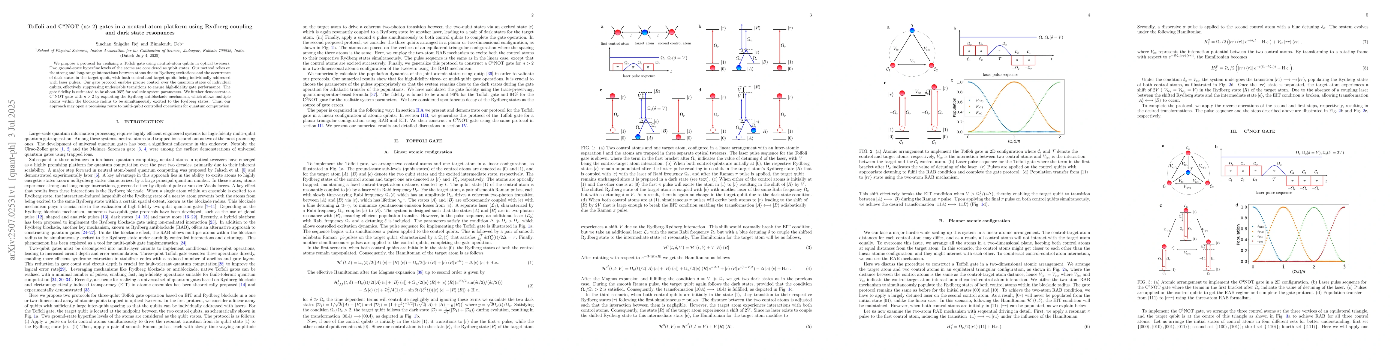 Thumbnail for Toffoli and C$^\text{n}$NOT (n$>2$) gates in a neutral-atom platform
  using Rydberg coupling and dark state resonances