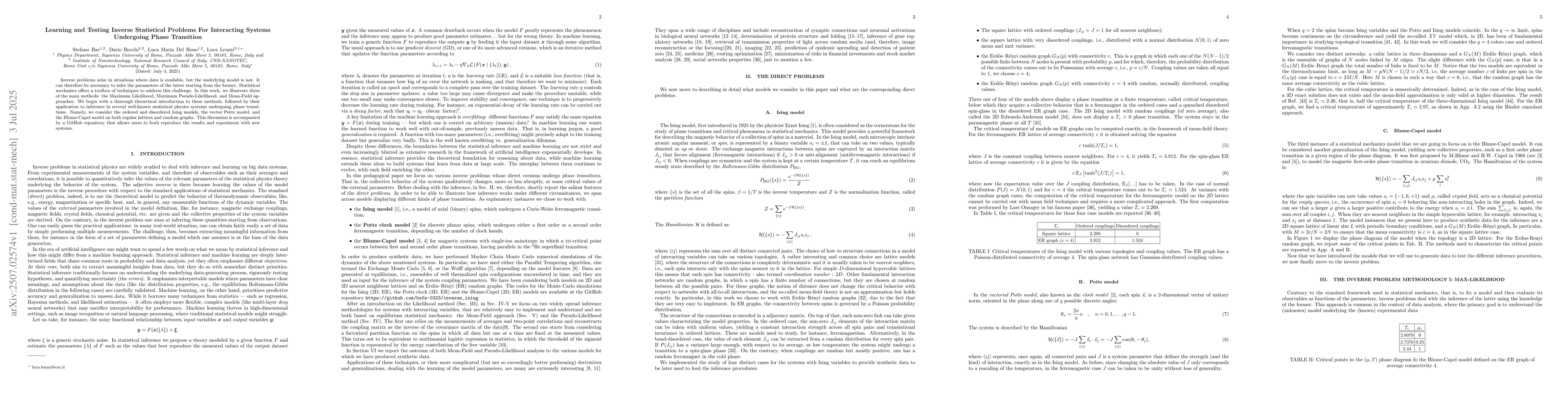 Thumbnail for Learning and Testing Inverse Statistical Problems For Interacting
  Systems Undergoing Phase Transition