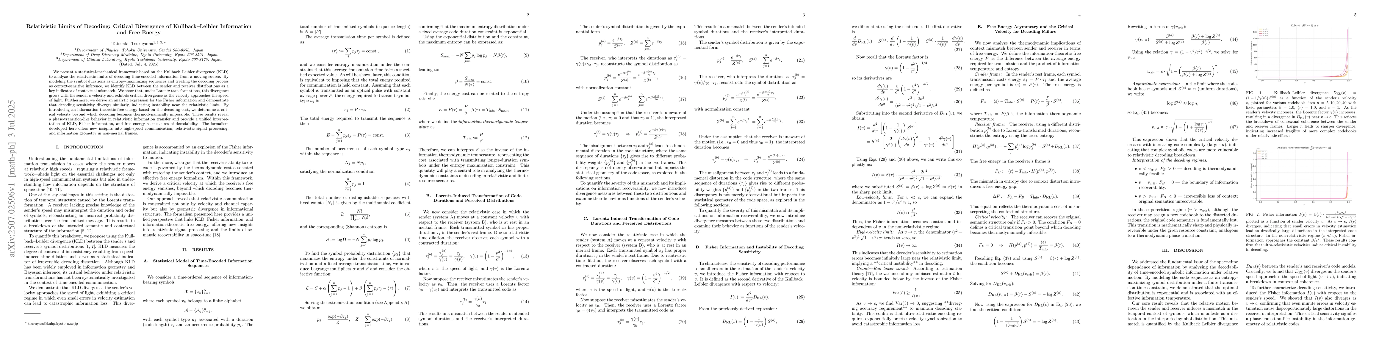 Thumbnail for Relativistic Limits of Decoding: Critical Divergence of Kullback-Leibler
  Information and Free Energy