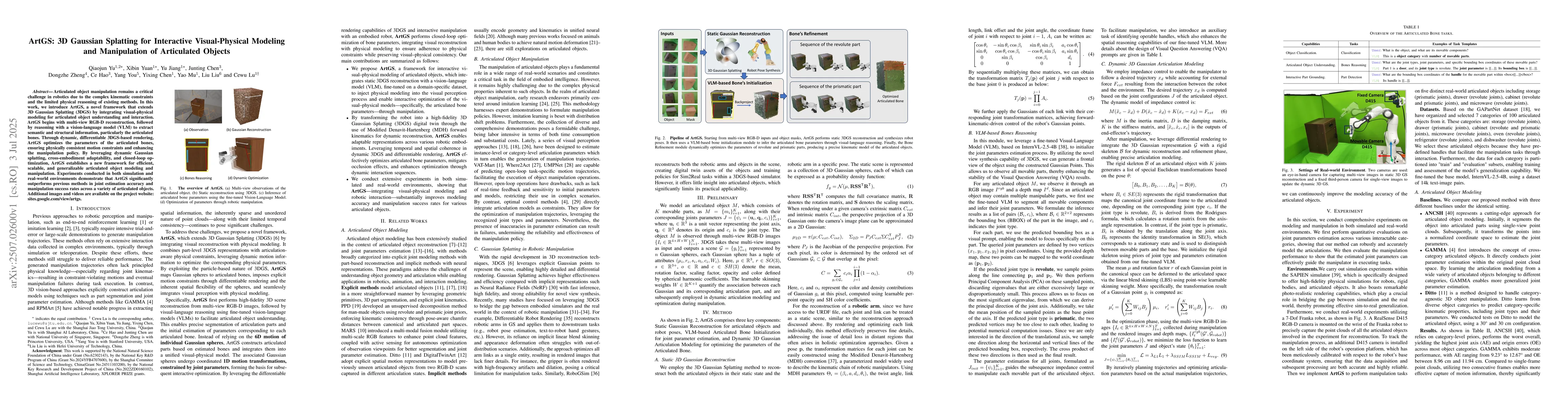 Thumbnail for ArtGS:3D Gaussian Splatting for Interactive Visual-Physical Modeling and
  Manipulation of Articulated Objects