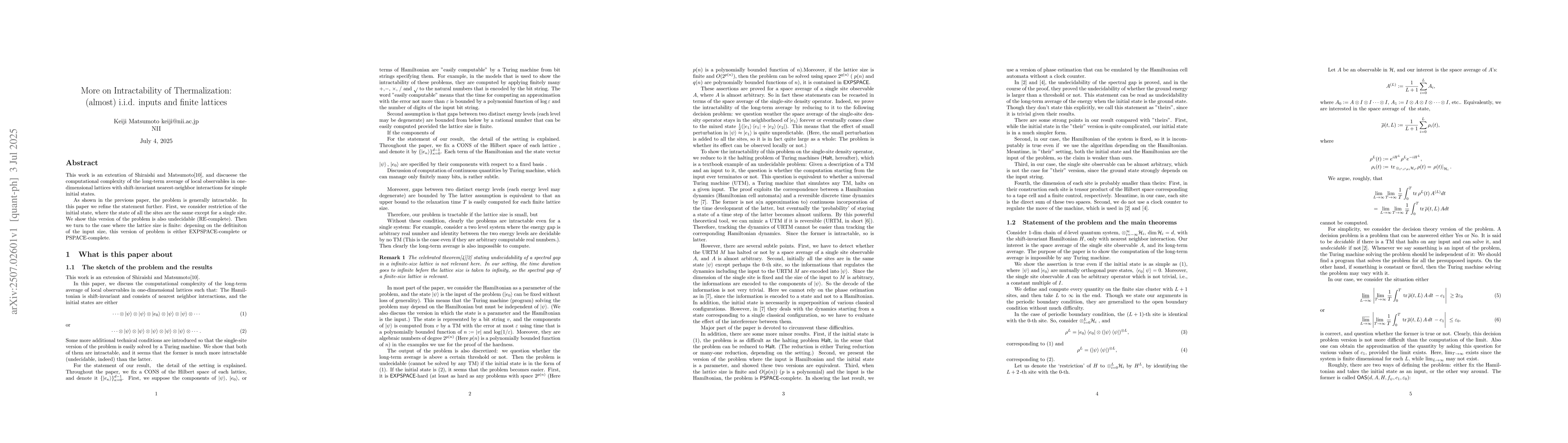 Thumbnail for More on Intractability of Thermalization: (almost) i.i.d. inputs and
  finite lattices