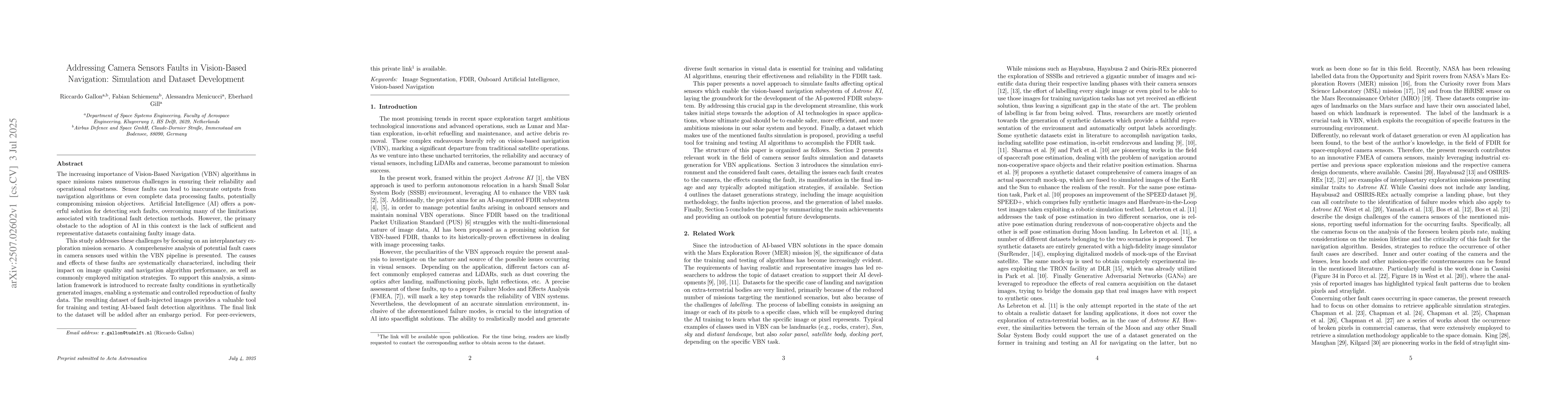Thumbnail for Addressing Camera Sensors Faults in Vision-Based Navigation: Simulation
  and Dataset Development