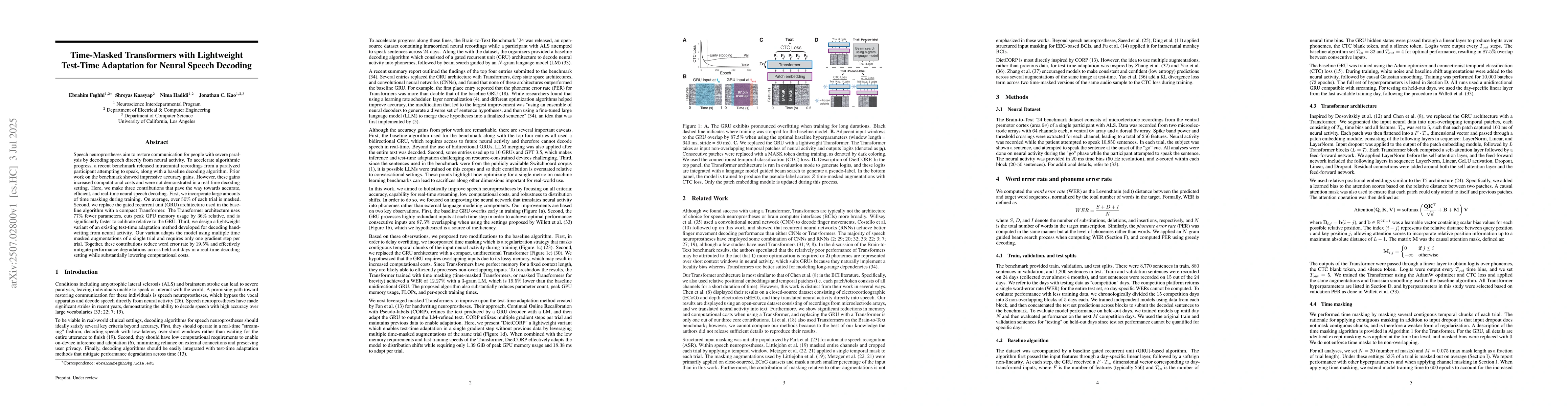 Thumbnail for Time-Masked Transformers with Lightweight Test-Time Adaptation for
  Neural Speech Decoding
