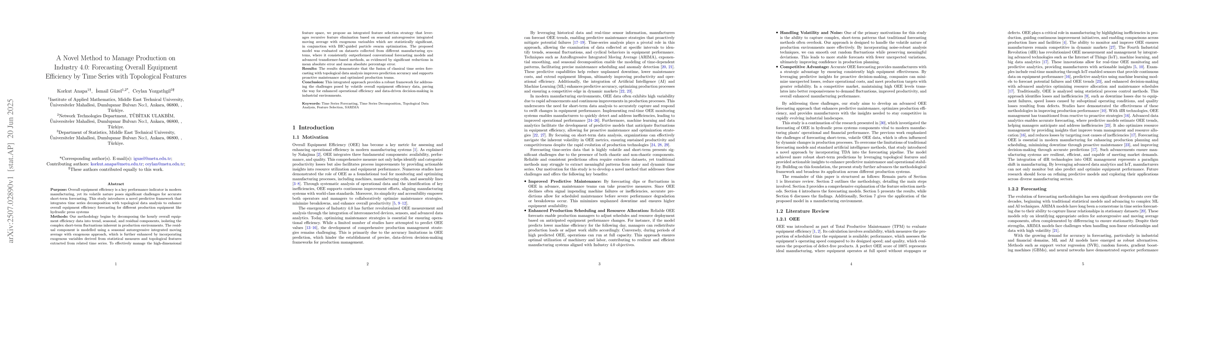 Thumbnail for A Novel Method to Manage Production on Industry 4.0: Forecasting Overall
  Equipment Efficiency by Time Series with Topological Features