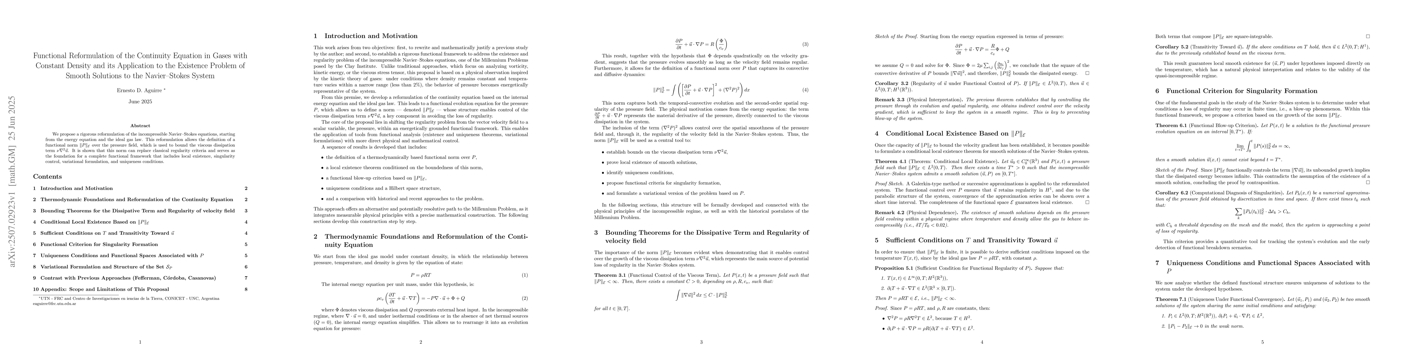 Thumbnail for Functional Reformulation of the Continuity Equation in Gases with
  Constant Density and its Application to the Existence Problem of Smooth
  Solutions to the Navier Stokes System