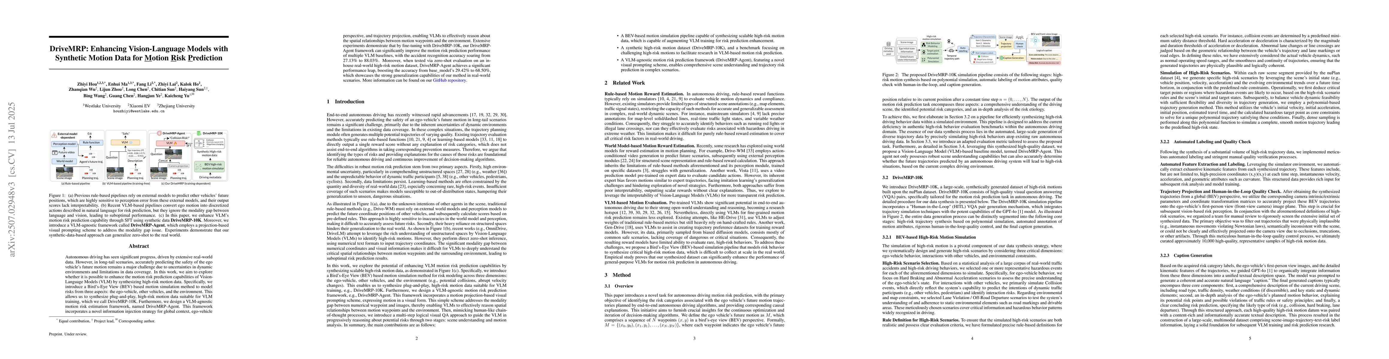 Thumbnail for DriveMRP: Enhancing Vision-Language Models with Synthetic Motion Data
  for Motion Risk Prediction